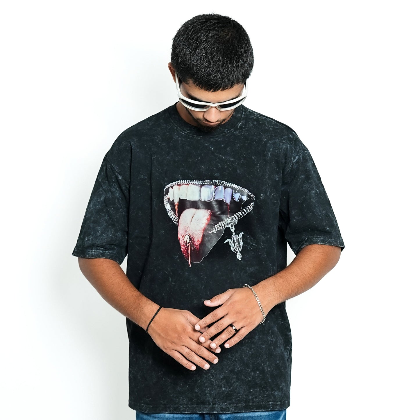 Premium TRAVIS TONGUE unisex oversized T-shirt (black acid wash)