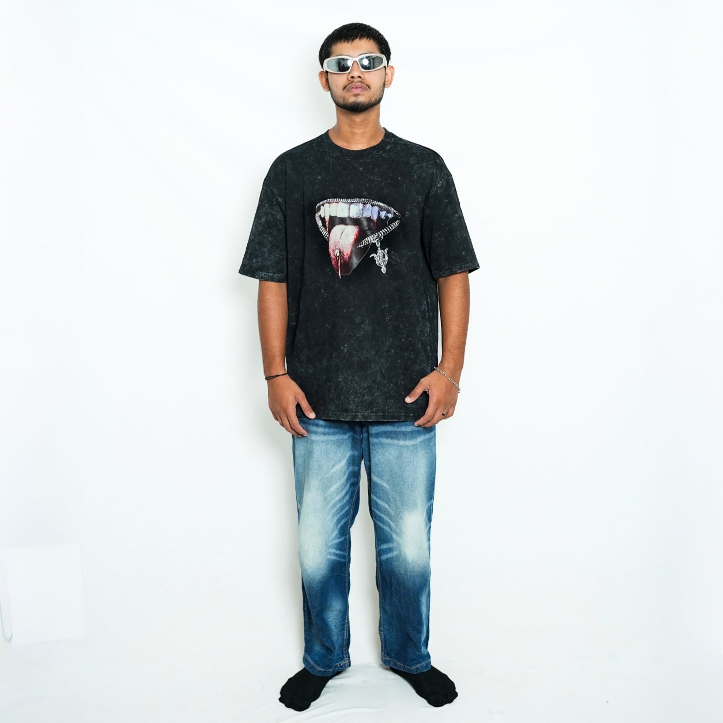 Premium TRAVIS TONGUE unisex oversized T-shirt (black acid wash)